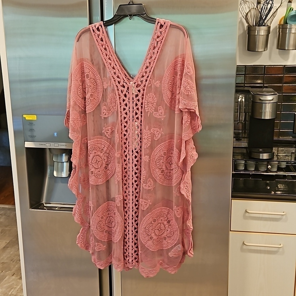 💕RACHEL ZOE💕 Scallop Trim Embroidered Lace CoverUp Dress ~ Dusty Rose OS NWT